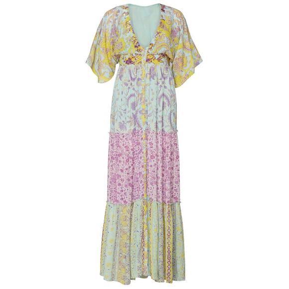 Hemant & Nandita Maxi Dress Women’s Size Medium Green Floral V-Neck Boho Style - Picture 1 of 15